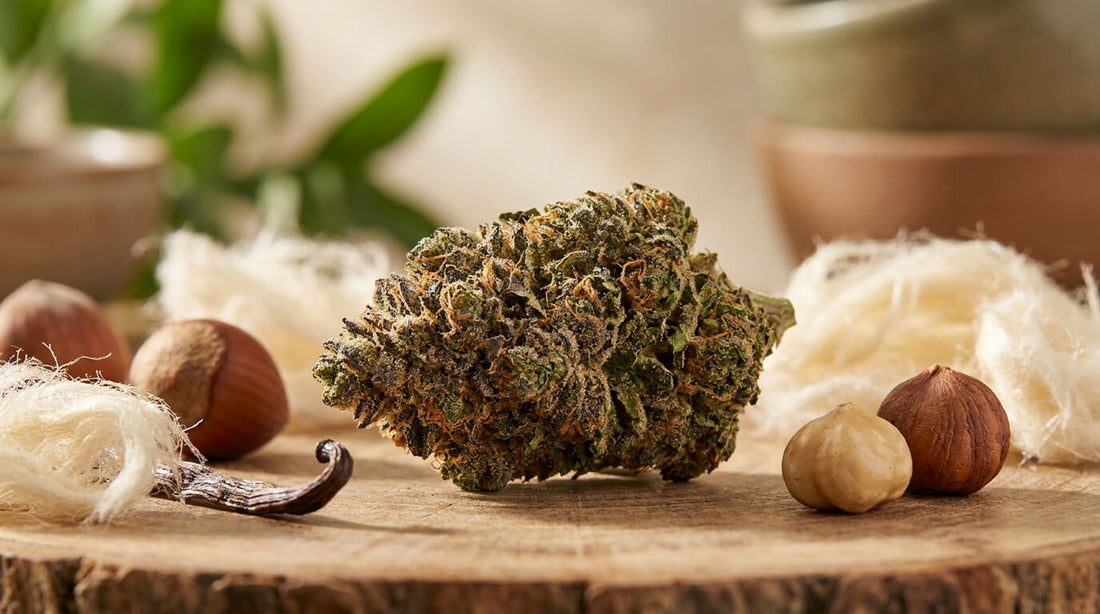 fleur de gelato CBD aux arômes de vanille et noisette sur plateau en bois