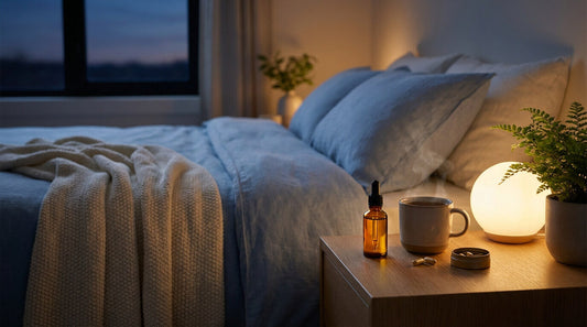 Quand prendre du CBD pour dormir : huile de CBD, tisane et gélules sur table de nuit pour favoriser le sommeil