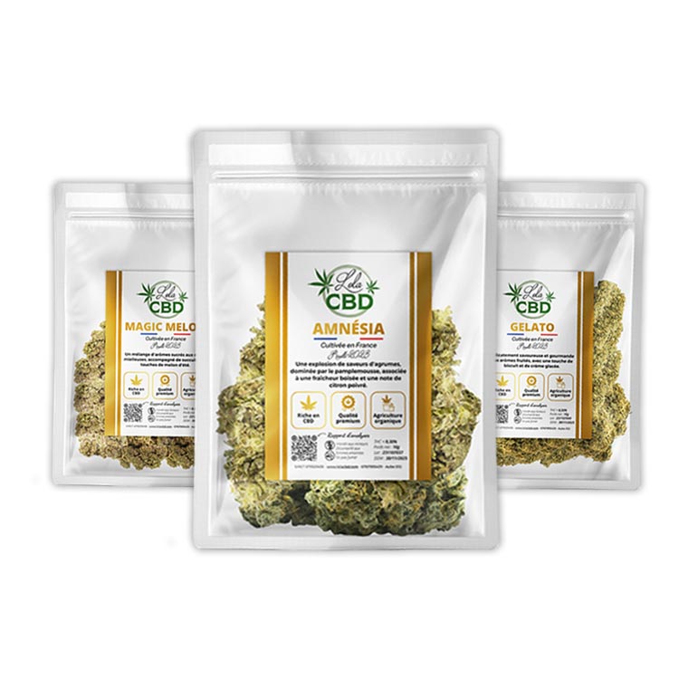 Sachets de fleurs CBD naturelles Lola CBD, qualité premium.